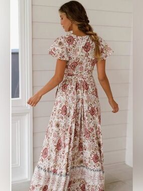 Pinup Fashion Cream Boho Floral Short Sleeve Elastic-Waist Maxi Dress Size 20W